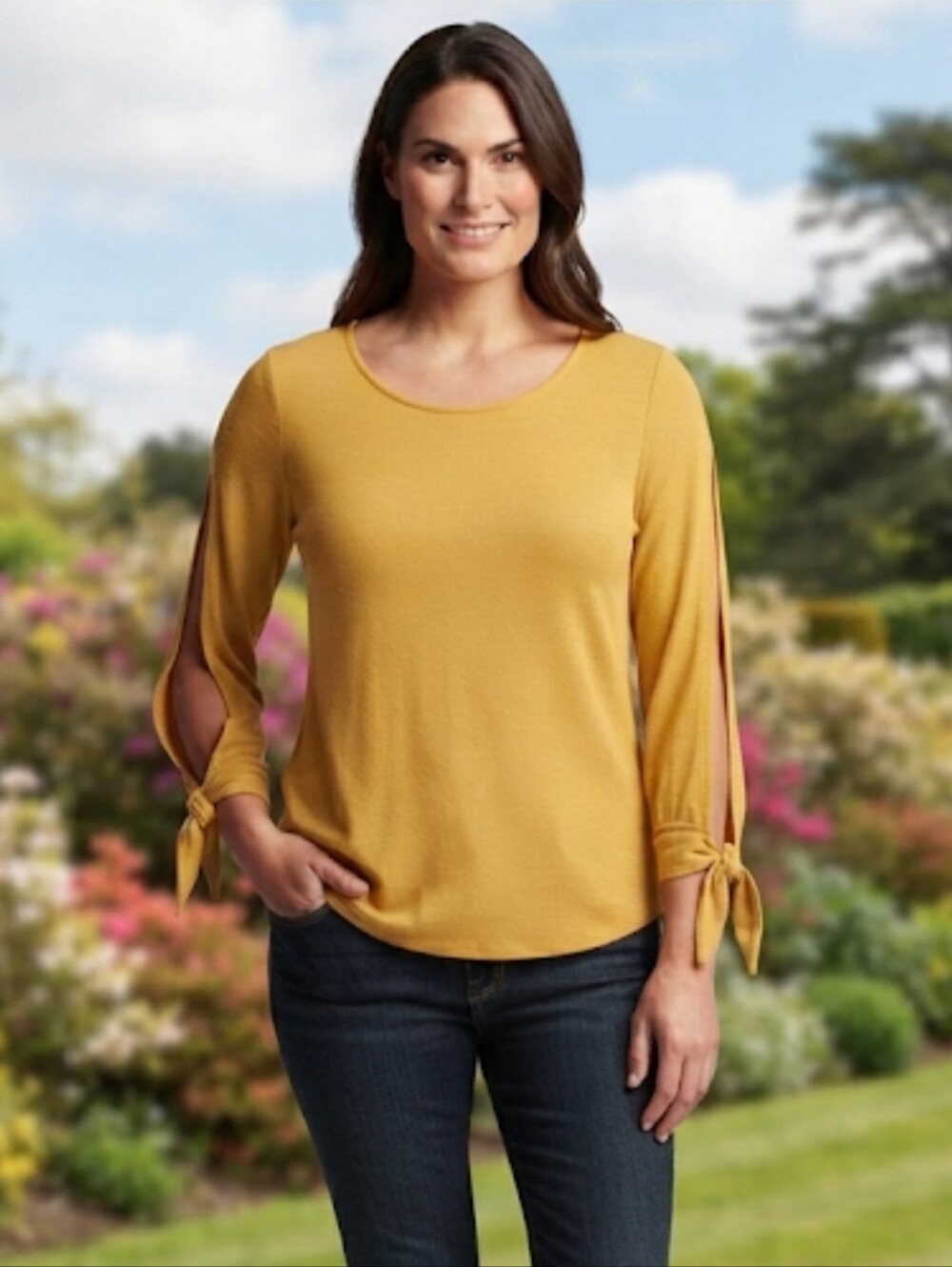 Zenana Women’s Mustard Yellow Long Sleeve Tie-Sleeve Top